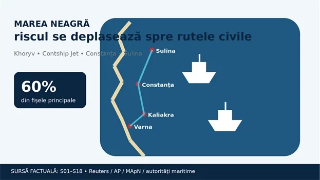 Title: Grafic ISIAS - Description: Infografic ISIAS: rutele din vestul Mării Negre, Sulina, Constanța, Kaliakra și Varna; ponderea dosarelor Mării Negre este de 60%.