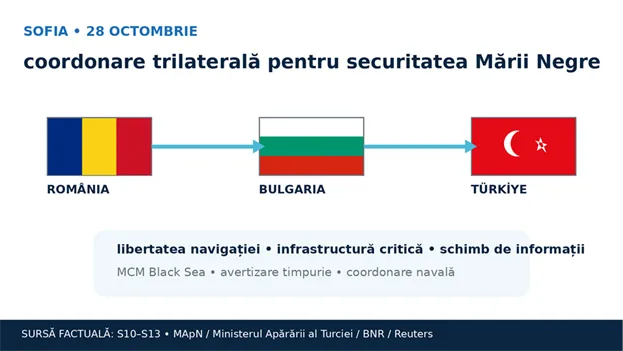 Title: Grafic ISIAS - Description: Infografic ISIAS despre coordonarea România–Bulgaria–Turcia: steagurile celor trei state și prioritățile de securitate maritimă.